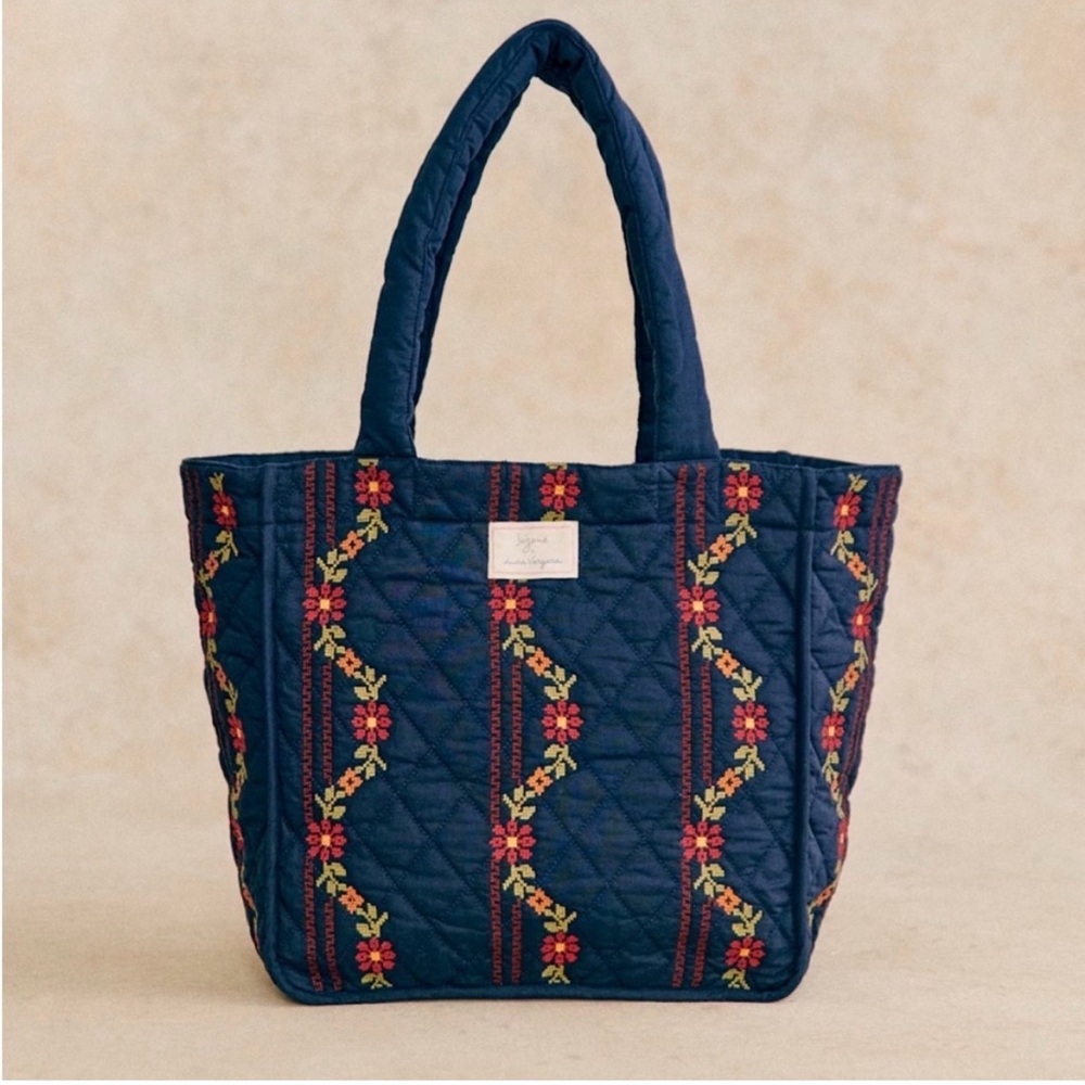 Quilted Navy Floral Embroidered Tote Bag